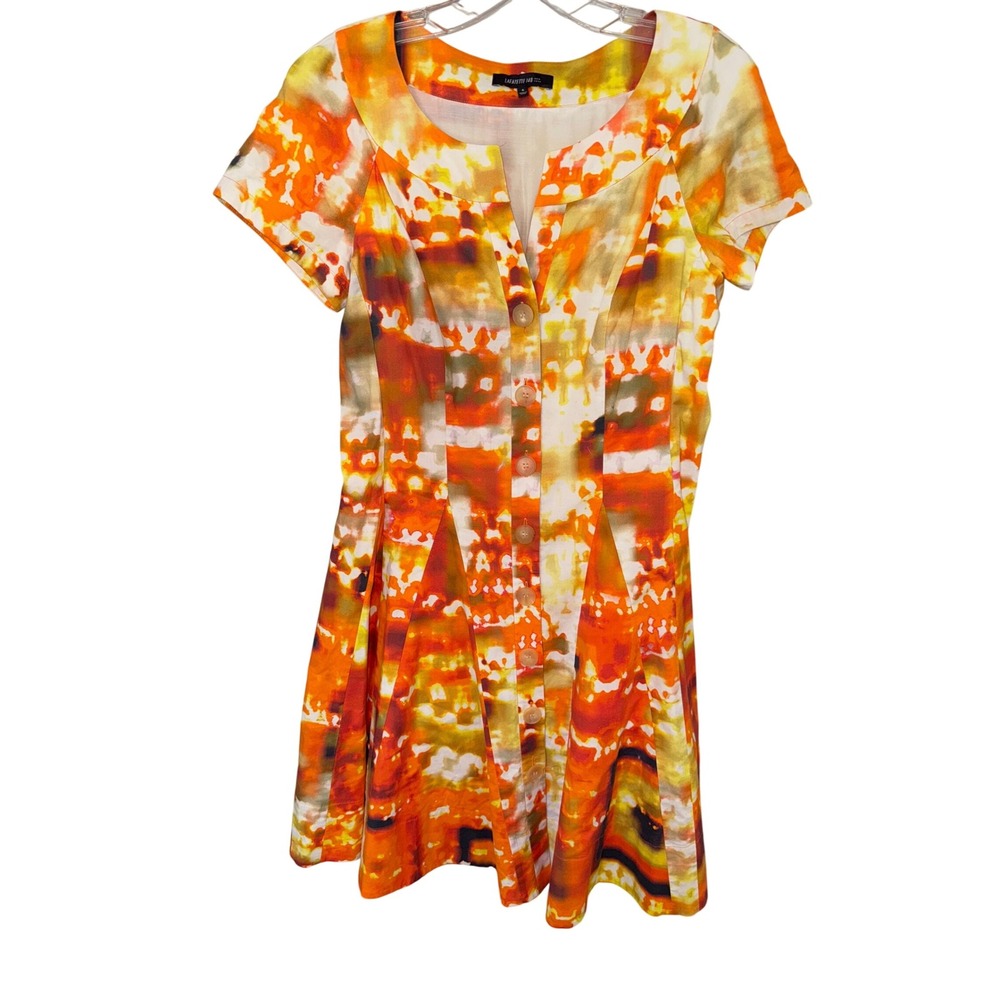 Lafayette 148 Button Front Fit &‎ Flare Dress Orange Yellow Marbled Tie Dye 4